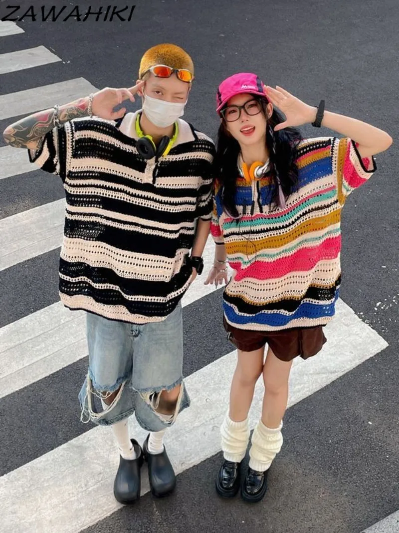

American Retro Multi-color Striped Hollow Out Knitted Pullovers Short Sleeve Summer New Loose Lovers Fashion Contrast Color Tees