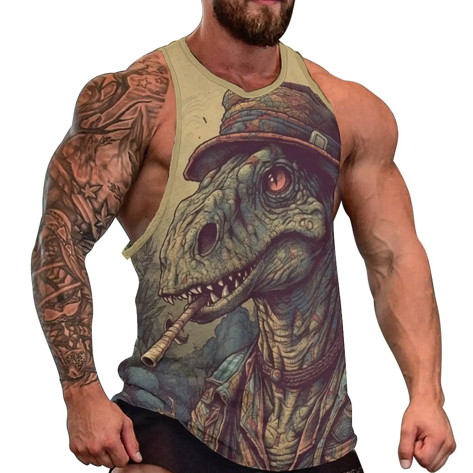 

Dinosaur Tank Top Man's Pop Caricatures Tops Beach Custom Bodybuilding Fashion Oversize Sleeveless Shirts