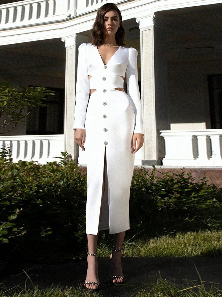 

HIGH STREET Latest 2023 Fashion Star Style Designer Women's Sexy Deep V Hollow Out Diamonds Single Breasted Slit Bandage Dress