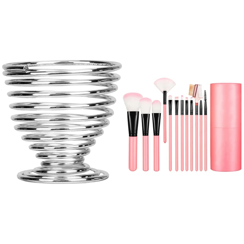 

1Pcs Beauty Makeup Sponge Blender Holder Drying Rack Stand, Silver & 12Pcs Makeup Brushes Set With Brush Case Cup Holder