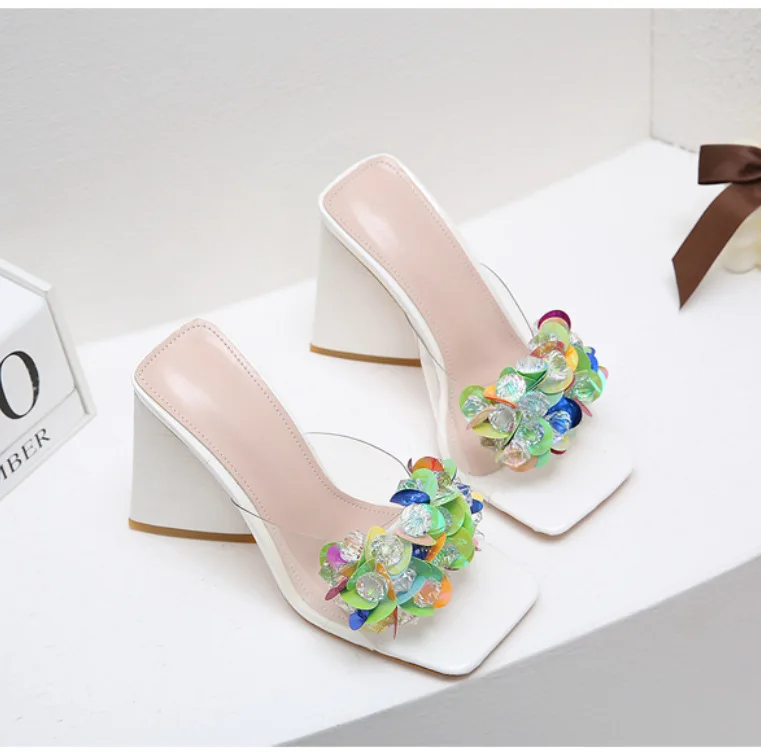 

Newly Arrived Women Pumps Sexy Colorful Crystal Flower Design High Heel Slippers Ladys Strange Style Heel High Heels Party Shoes