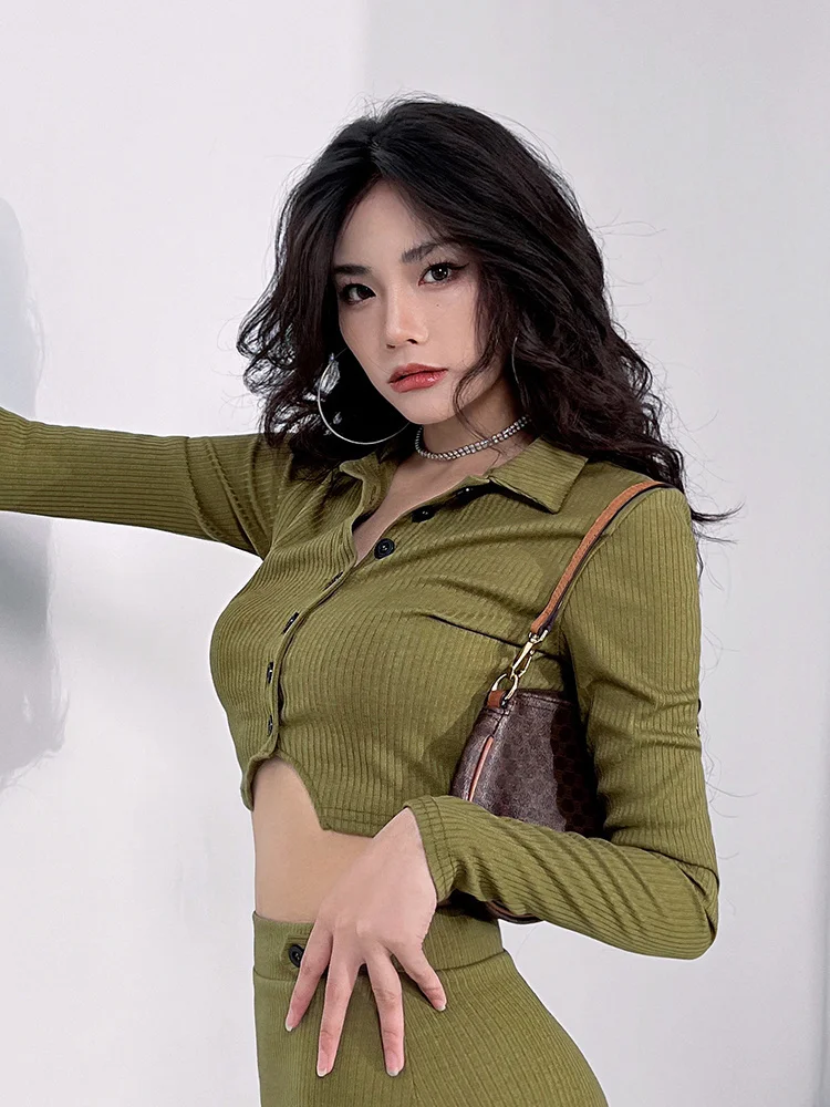 Summer Spring Sweet Spicy Girls Long Sleeve Short Slim Show Thin Top High Waist Polo Neck Jacket Tops  K124