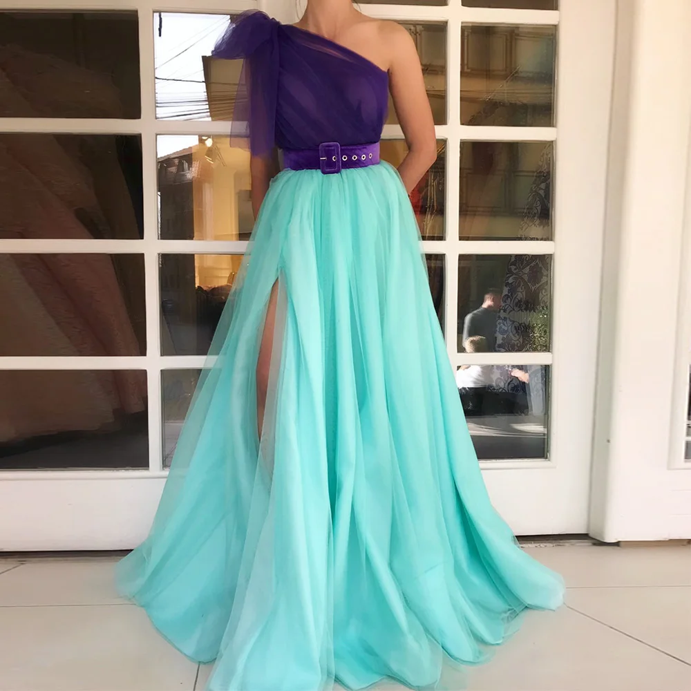 

New Prom Dress One Shoulder Side Thigh Slit Sleeveless Modern Prom Gown A Line Belt Draped Pleated Tulle Sexy Party Dresses 2022