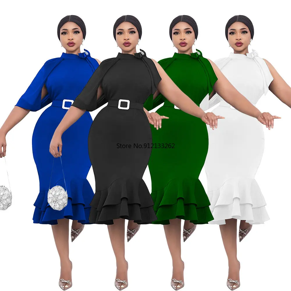 

Autumn Spring 2023 Elegant African Half Sleeve Blue Green White Black Polyester Knee-length Dress African Dresses for Women