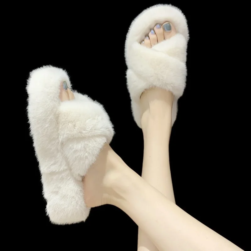 

INS Platform High Heel Fluffy Slippers Women's Outer Wear Korean Style Height Increasing Fashion Wedge Lazy Cotton Slippers
