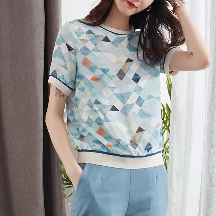 

Silk top women's short-sleeved square plaid printed t-shirt 2021 summer new ribbed half-sleeved silk T-shirt
