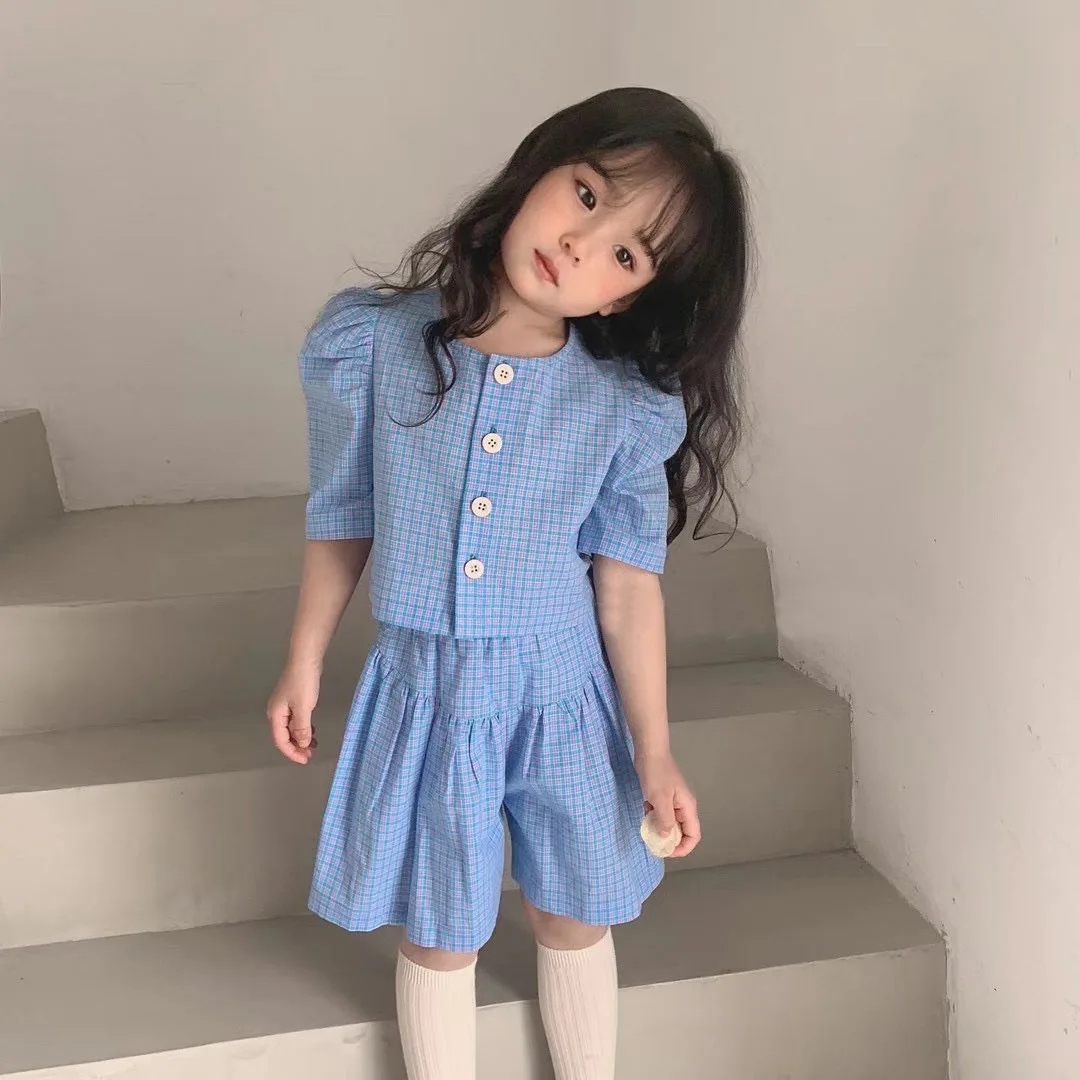 

Summer Girls' Clothing Sets Temperament Plaid Short-Sleeved Shirt Top+Five-Point Culottes 2Pcs Baby Kids 2023 New Clothes Suit