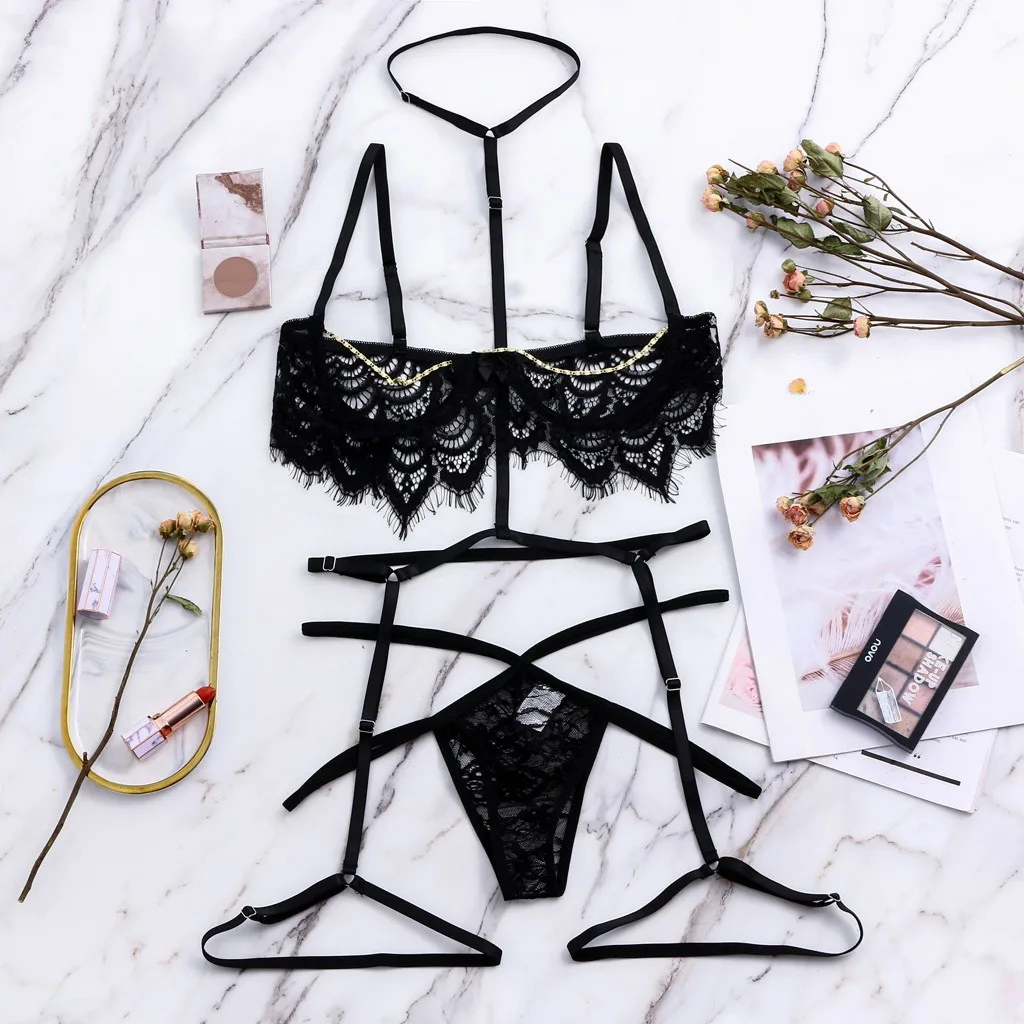 

New Arrivals Women'S Erotic Lingerie Suit Lip Printing Sexy Wire Free Lingerie Underwear Two Piece Female Black Set Interior