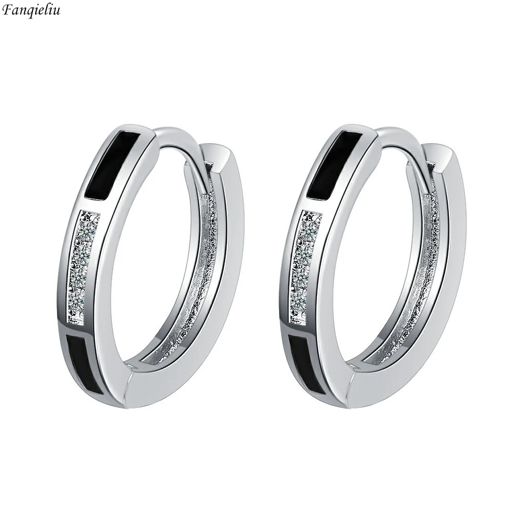 Fanqieliu Stamp 925 Silver Needle Black Round Czech Zircon Hoop Earrings For Women New Jewelry Girl Gift Trendy FQL21291