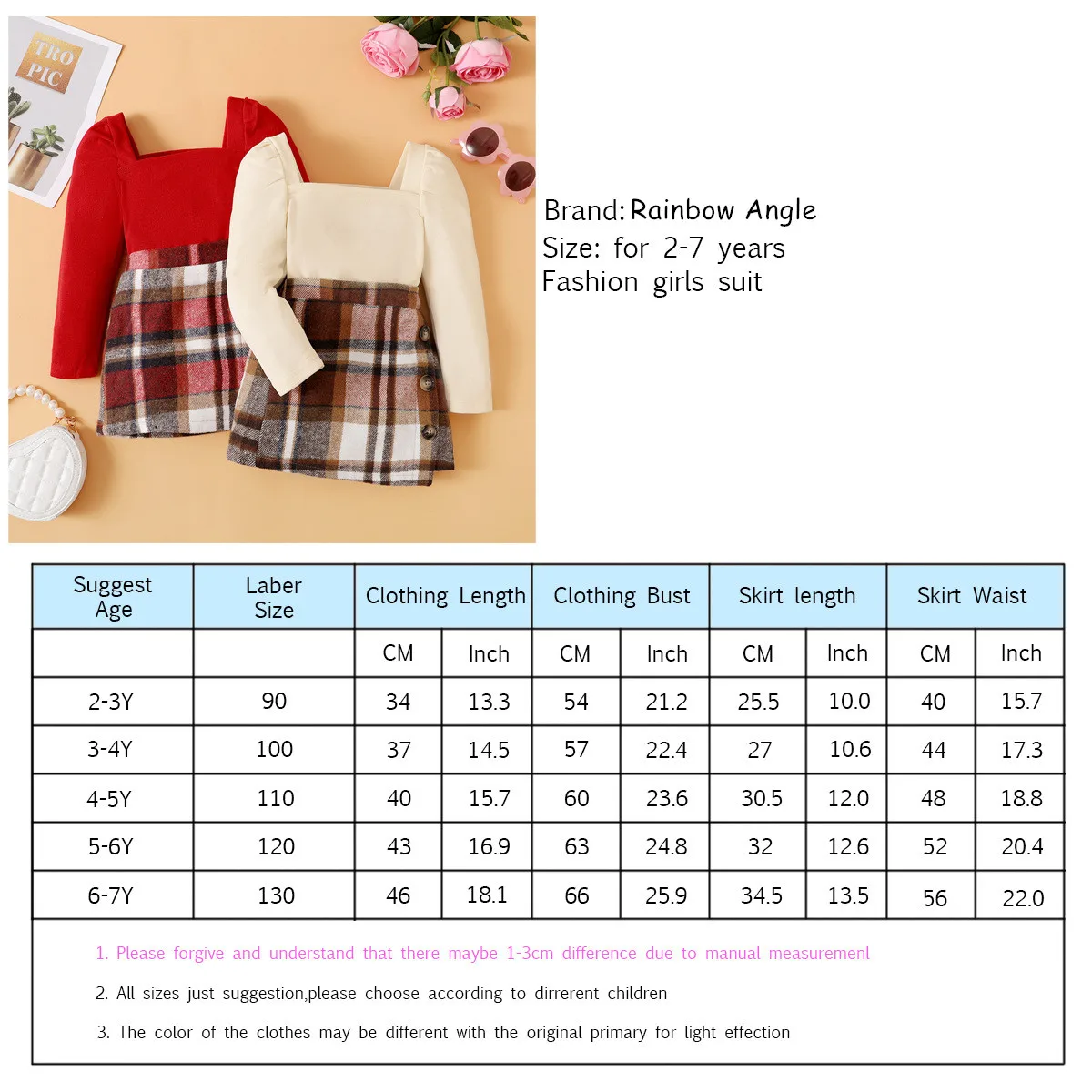 Autumn Baby Girls Full Sleeve Patchwork Palid Skirt + Square Collar Blouses 2 Pcs Suit Spring Toddler Girl Set Kids Clothes 2-7Y