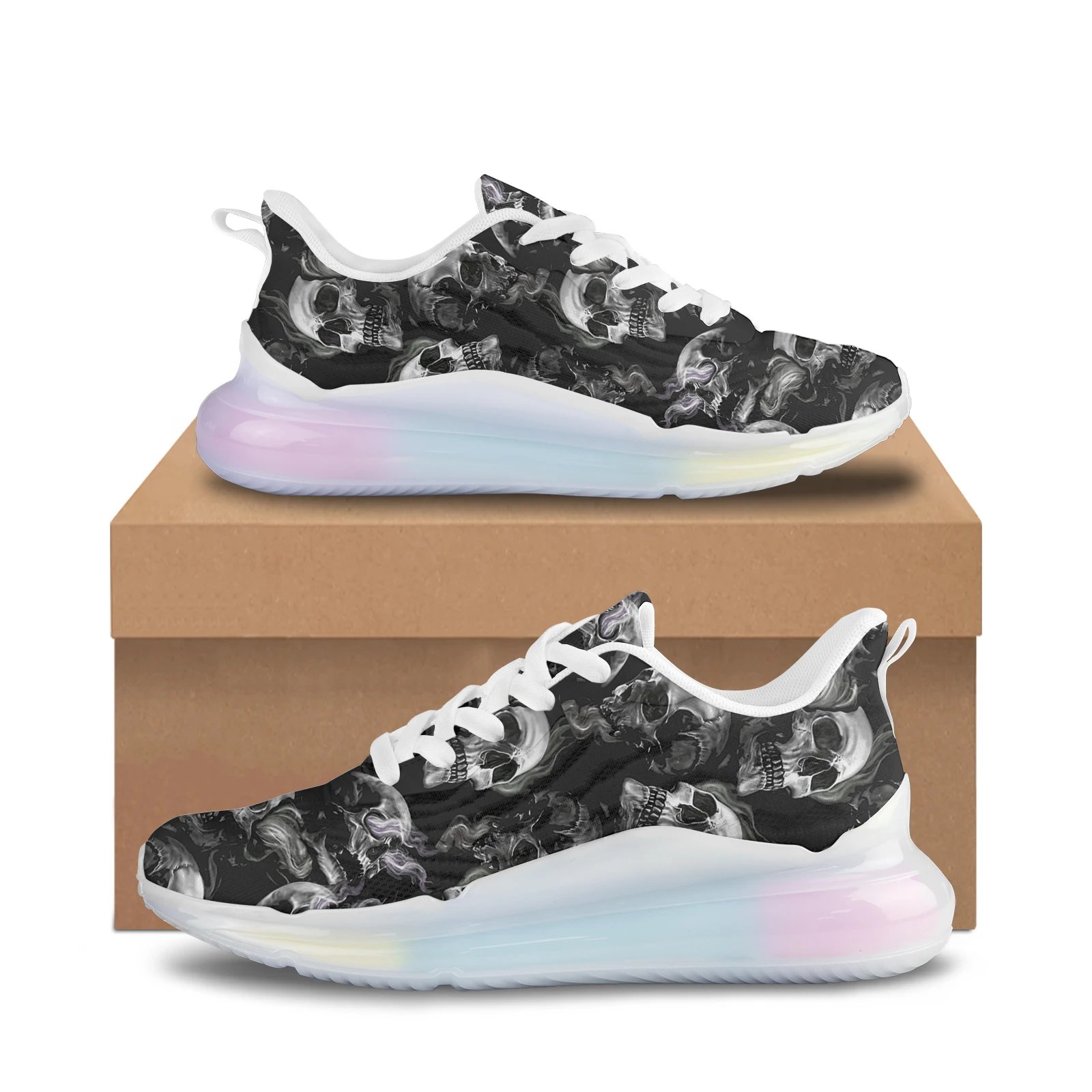 

Trendy Black Skull Print Lightweight Breathable Outdoor Shoes Running Shoes Women High Quality White Women's Thick Sneakers