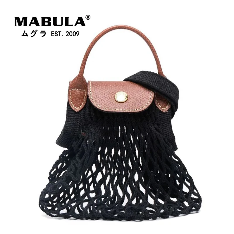 

MABULA Genuine Leather Mesh Fish Net Women Tote Beach Handbag Summer Branded Large Foldable Portable Grocery Shopper Purses