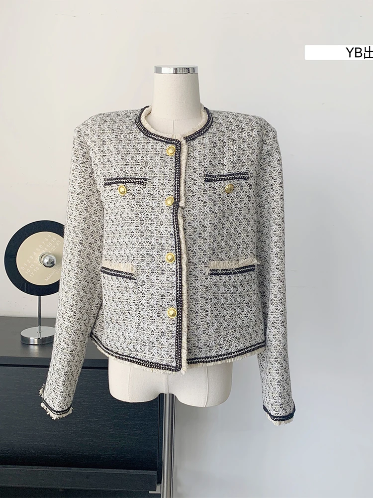

Autumn Winter Women Crew-neck Patchwork Tassel Design Jacket Coat Baggy Long Sleeve Female Outer Vintage Single Breasted Chic
