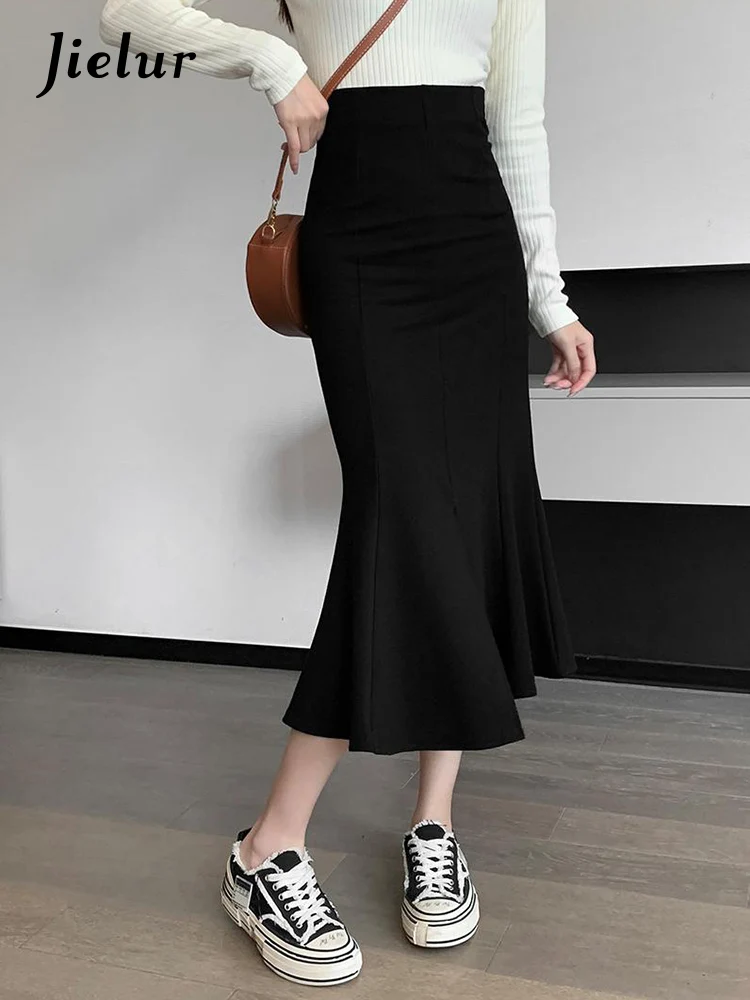 

Jielur Черная юбка с высокой талией женская однотонная юбка русалки женская осенняя элегантная офисная женская юбка миди женская сплит S-XL