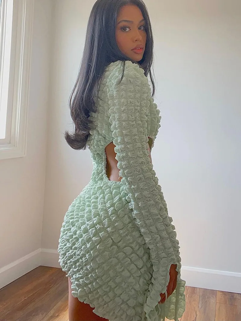 

Повседневное ажурное облегающее мини-платье с длинным рукавом на бедрах 2023 женские облегающие платья с круглым вырезом и высокой талией со шнуровкой необычные женские Клубные платья