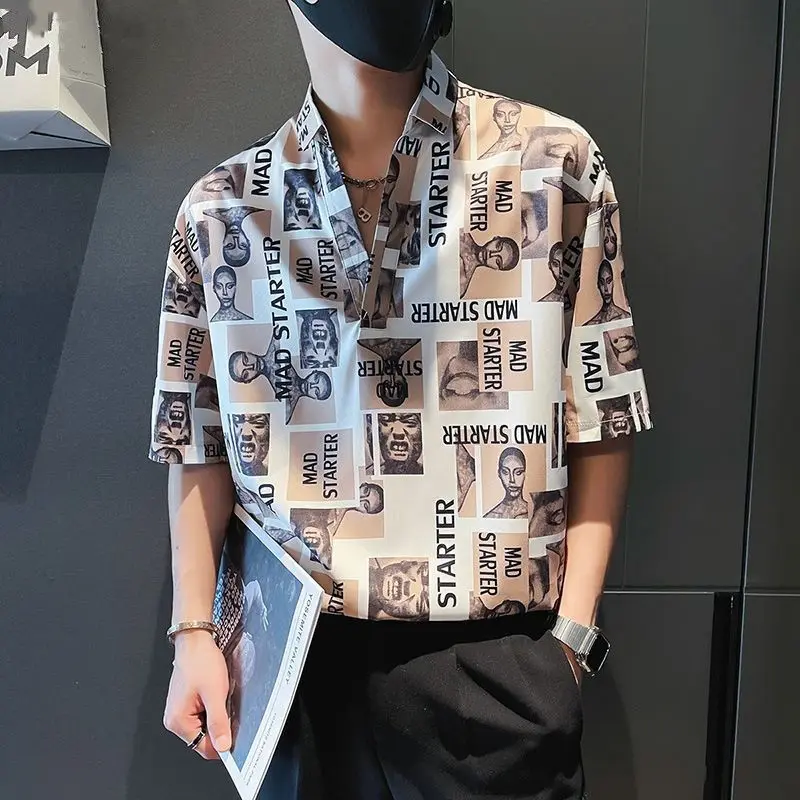 Summer Fashion Printed Shirts Men's Casual Half Sleeve Turn-down Collar Pullover Shirt Y2K Vintage Hip Hop Plus Size Tops