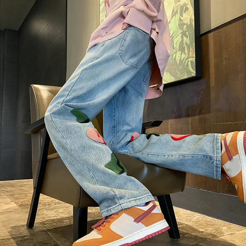 Straight Jeans Pants Men High Street Embroidery Denim Trousers Fashion Streetwear Vintage Harajuku Plus Size Male Y2K Clothing