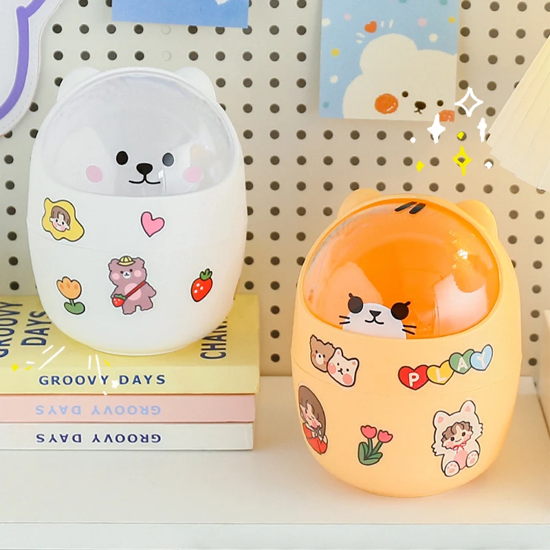 

Kawaii Trash Can Free Sticker Cute Girl Bedroom Dormitory Creative Pen Holder Paper Basket Storage Box with Lid