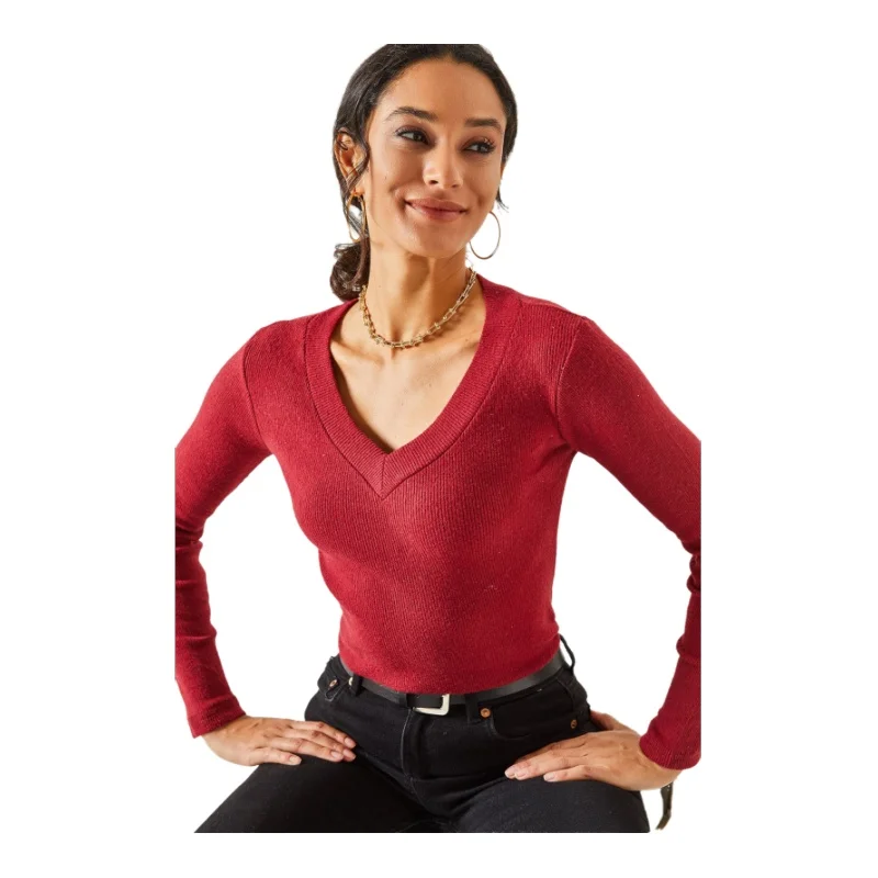 TYZA Женская блузка с v-образным вырезом повседневные однотонные трикотажные узкие