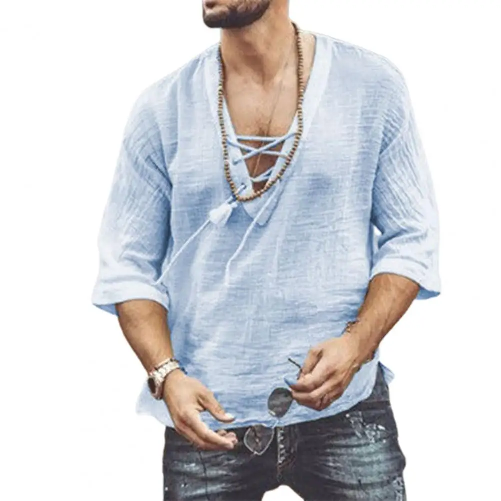 

Мужская футболка с V-образным вырезом, однотонная Повседневная футболка с рукавом до локтя, на шнуровке спереди, весна 2022