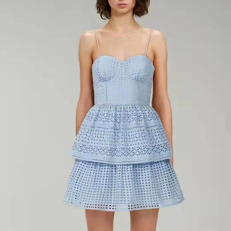 

Women's Spaghetti Strap Sleeveless Mini Dress Fresh Hollow Out Ladies A-Line High Waist Sling Robes Spring Summer 2022