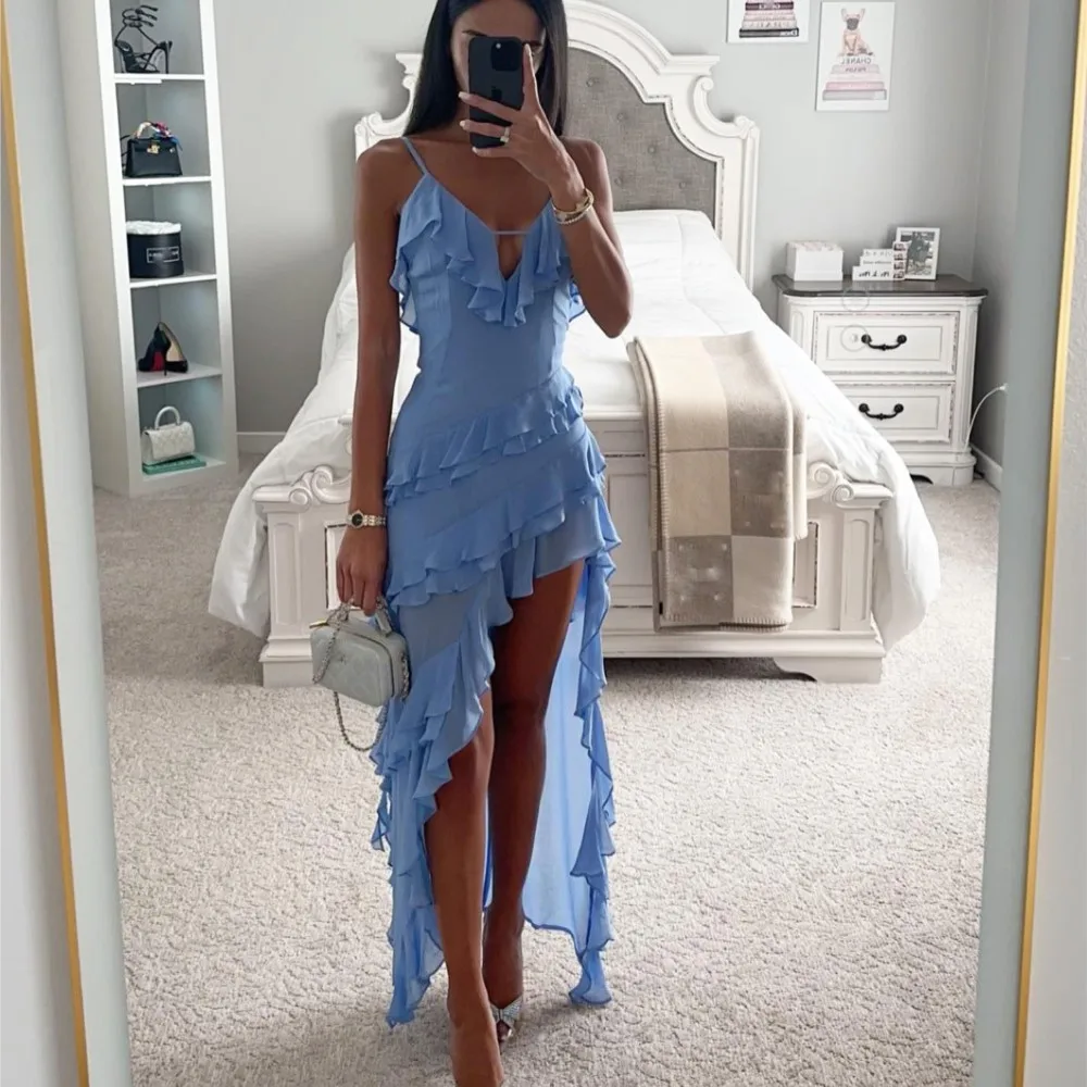 

Sexy Spaghetti Straps Ruffles Long Dresses Women Deep V Neck Backless Slim Irregular Hem Birthday Party Dress Festival Clothes