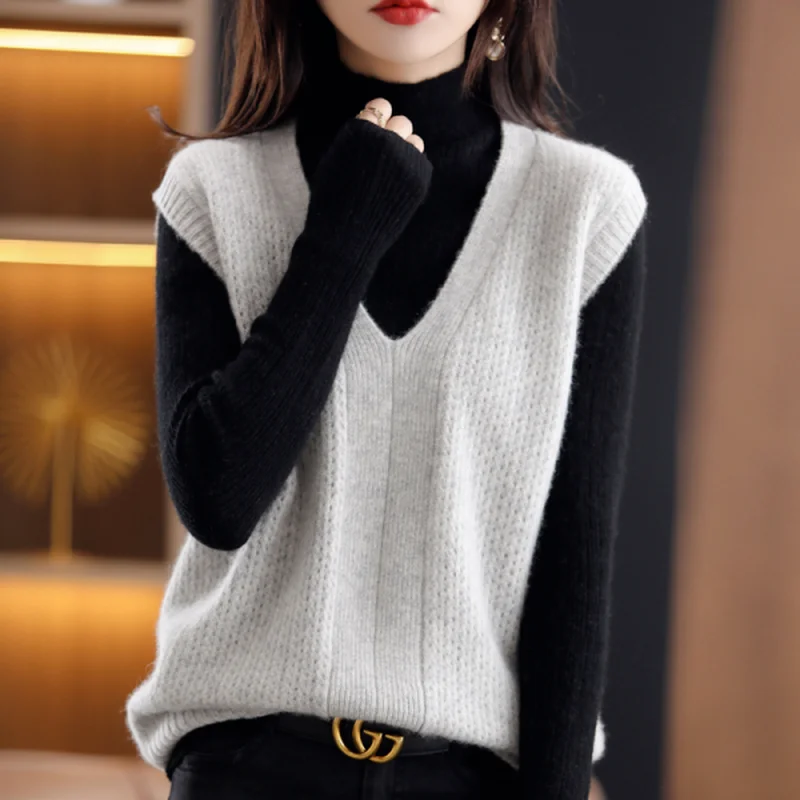 

Korean Women Sweater Vest Knitting Vintage V Neck Sleeveless Pullovers Knitted Waistcoat Female Sweaters Jumper Top Unif
