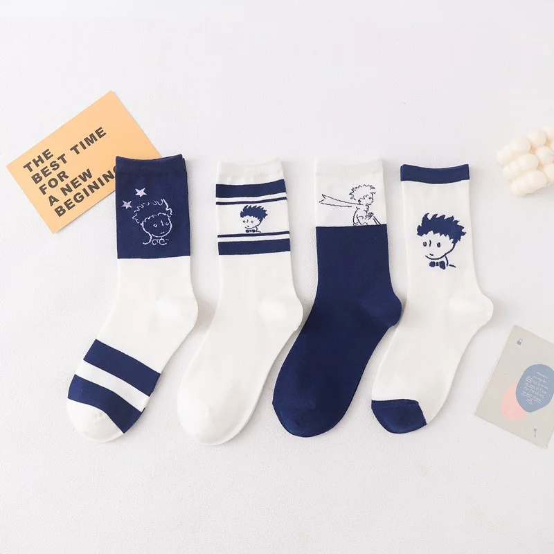 

Autumn Winter Socks Female Cartoon Head Little Prince Blue Stockings Students' Harajuku Lovely Sweet Japanese Lovers' Tide Socks