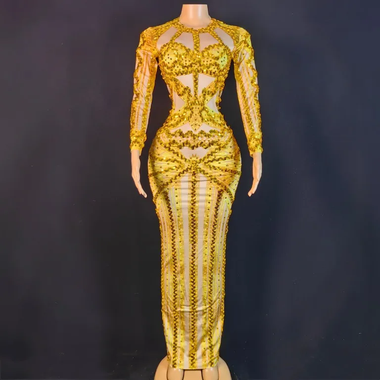 

Gold Bars European And American Sequins Lace Flesh Tight Elastic Wrap Buttocks Long Evening Dress Performance Stage Outfit