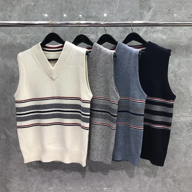 TB THOM Men's Sweater Harajuku Knitted Pullover Korean Version Of Vest Hem Striped Top Quality Coat Women's TB Sweater Vest