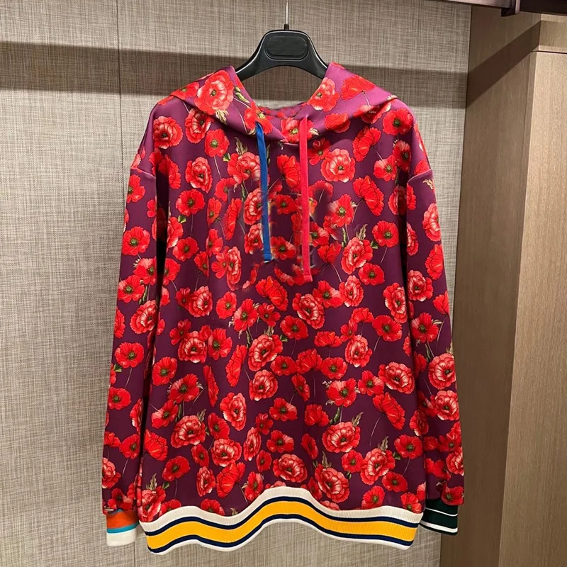 

Top Quality 2022 New Lxury Women's Sweater Poppy Red Flower Print Loose Large Size Hooded Sweater Air Cotton Casual Runway