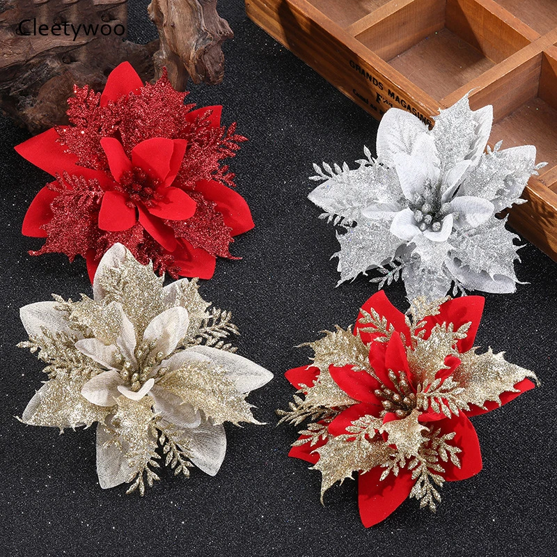 Fleurs artificielles à paillettes 13cm  6 pièces  fausses fleurs  ornements d'arbre de noël pour la