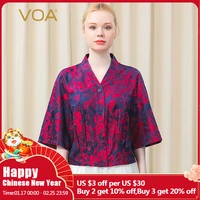 voa silk yarn dyed jacquard v neck jacket women we89 single breasted lotus leaf sleeve red peony pattern elegant coat female