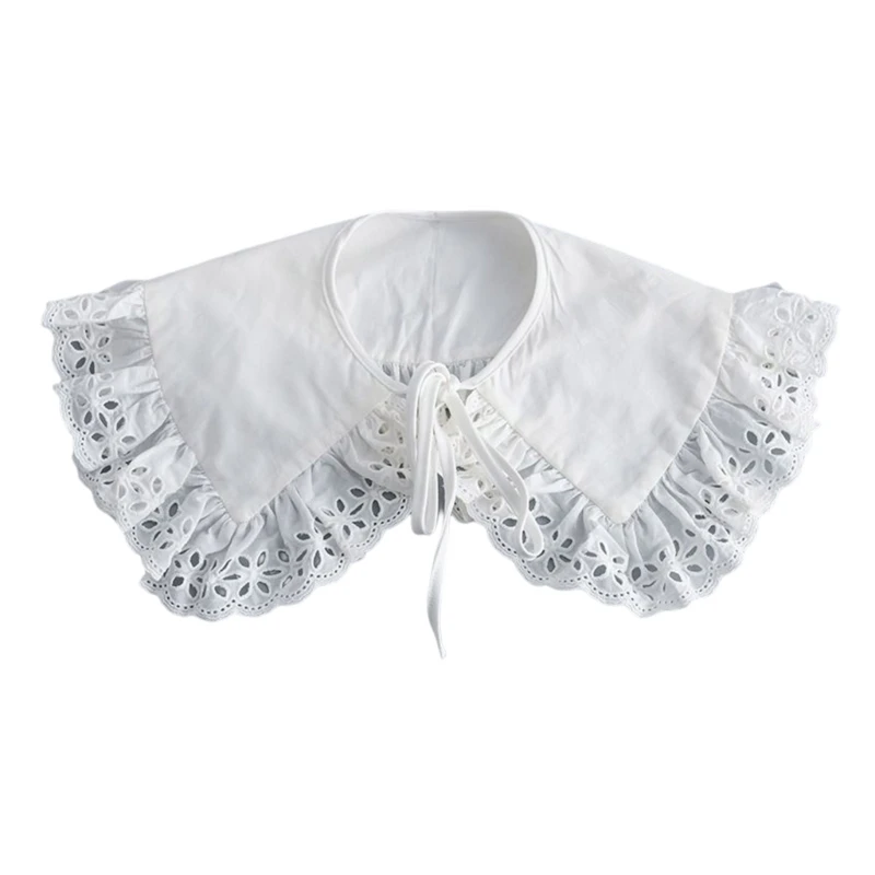 

Women Hollow-Out Embroidery Faux Collar Scarf Ruffle Trim Neckline Lace-Up Shawl
