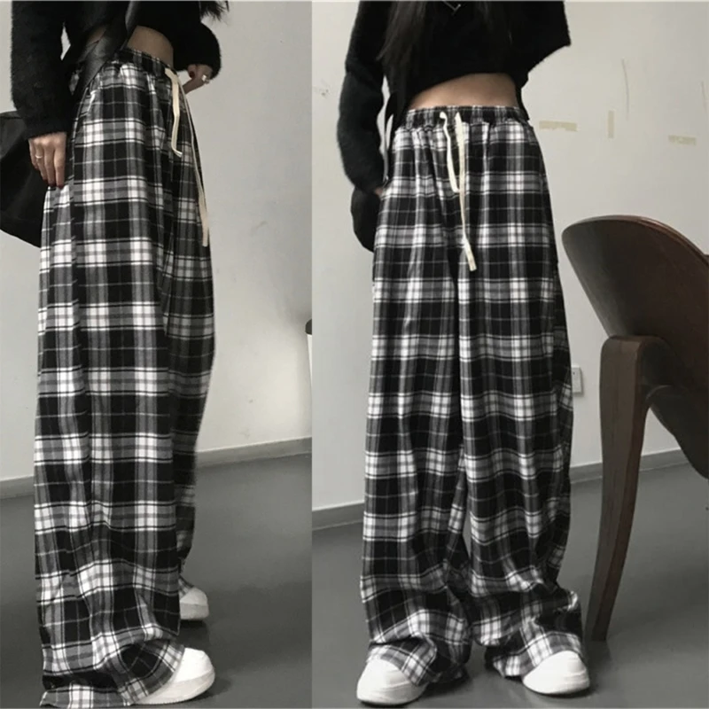 

Women Harajuku Black White Plaid Wide Leg Pants Drawstring High Waist Trousers