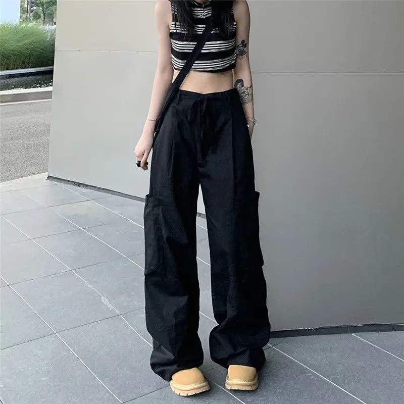 

Vintage Loose Lacing Cargo Pants Summer New Solid Color High Waist Versatile Wide Leg Trousers Trend Casual Women Clothing