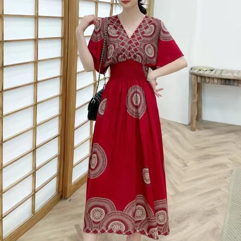 

Женское этническое винтажное платье макси с принтом, летнее платье с эластичной талией и рукавом до локтя, свободное повседневное длинное п...
