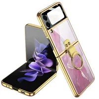 For Samsung Galaxy Z Flip 3 Case Marble Tempered Glass with Ring Holder Cover Plating Frame Hard Finger Kickstand Case