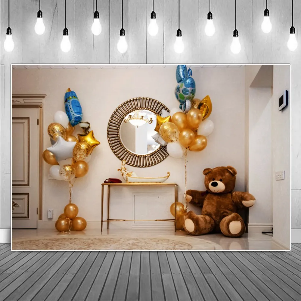 

Baby Living Room Teddybear Balloons Birthday Party Decoration Photography Backdrops Round Metal Mirror Marble Floor Backgrounds