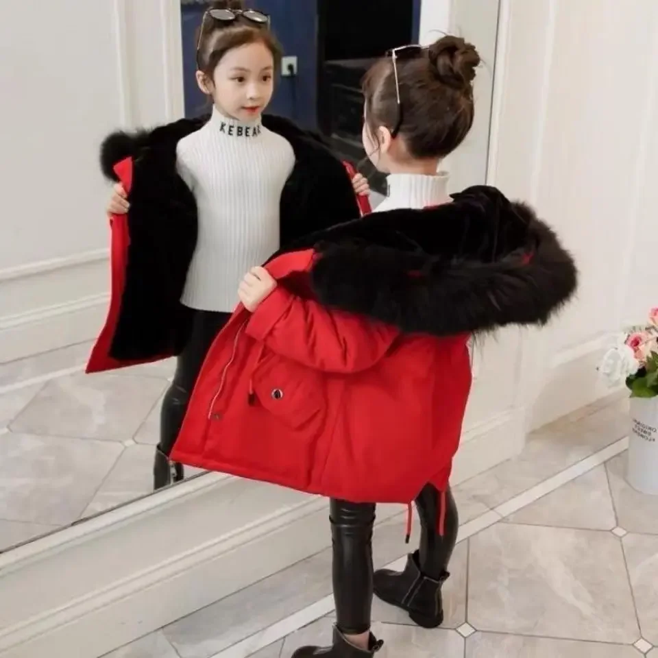 4-14 Years Teen Girls Coat Winter Plus Velvet Warm Windbreaker Jacket For Parka Snowsuit Fashion Hooded Children Outerwear