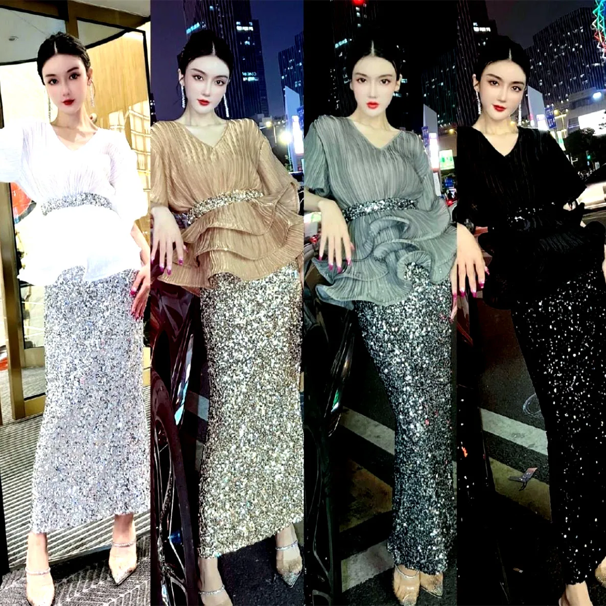 Женский весенний костюм с поясом блузка V-образным вырезом и оборками блестящая