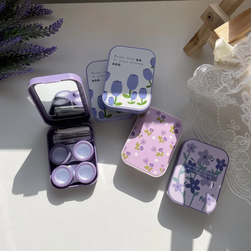 

2Pair/Box Girl Beauty Flower Contact Lens Companion Box Nursing Box Exquisite Gift Korean Stlye Purple Tulip Contact Lens Box