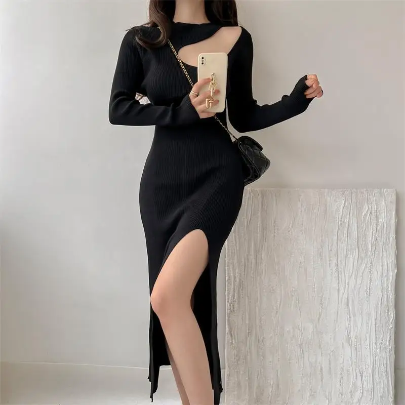 New Knitted Long Sleeve Cutout Sexy Party Dress Slim Wrap Hip Style Dress