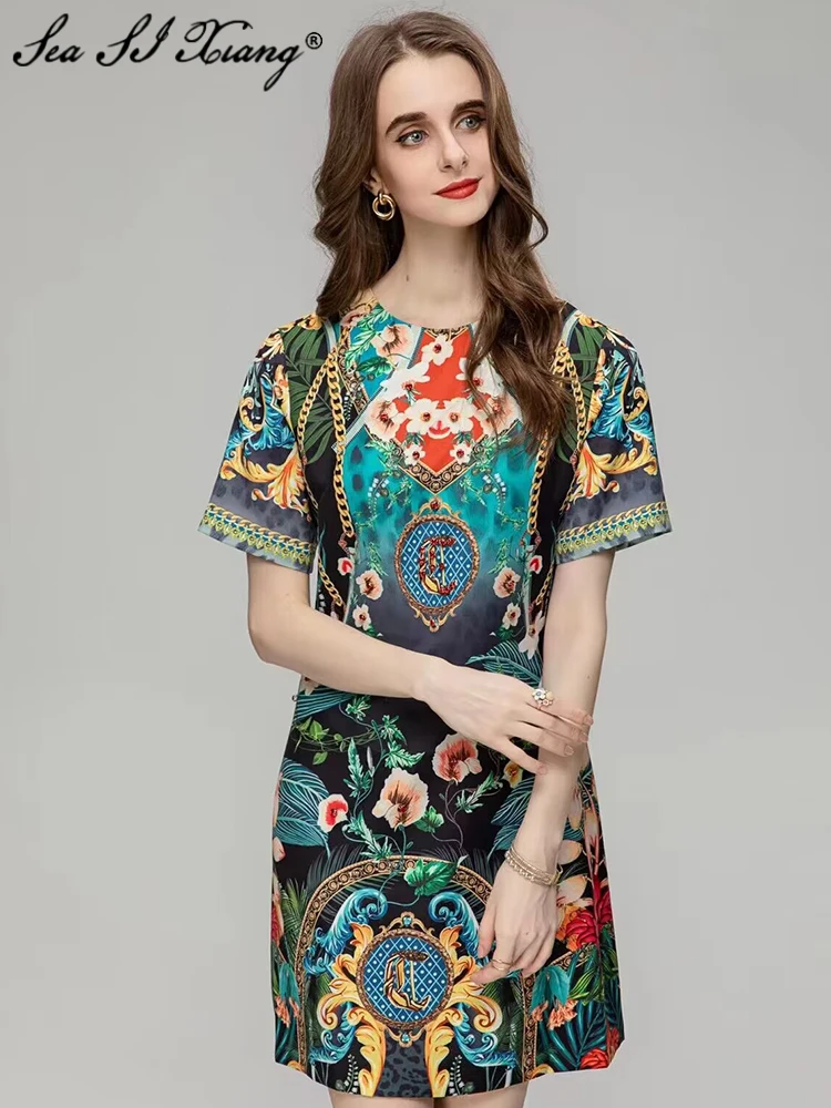 

Женское мини-платье с круглым вырезом, коротким рукавом и цветочным принтом