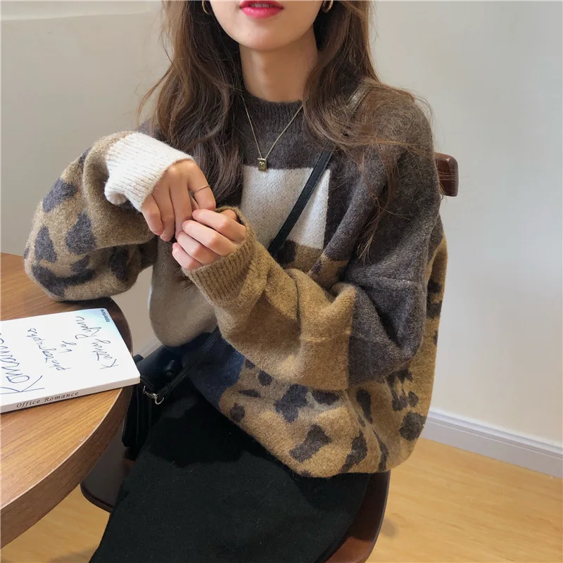 

Fall Winter Retro Lazy Style Leopard Print Contrast Color Long-sleeved Thick Knit Sweater Jacket Pullover Sweater Top Women