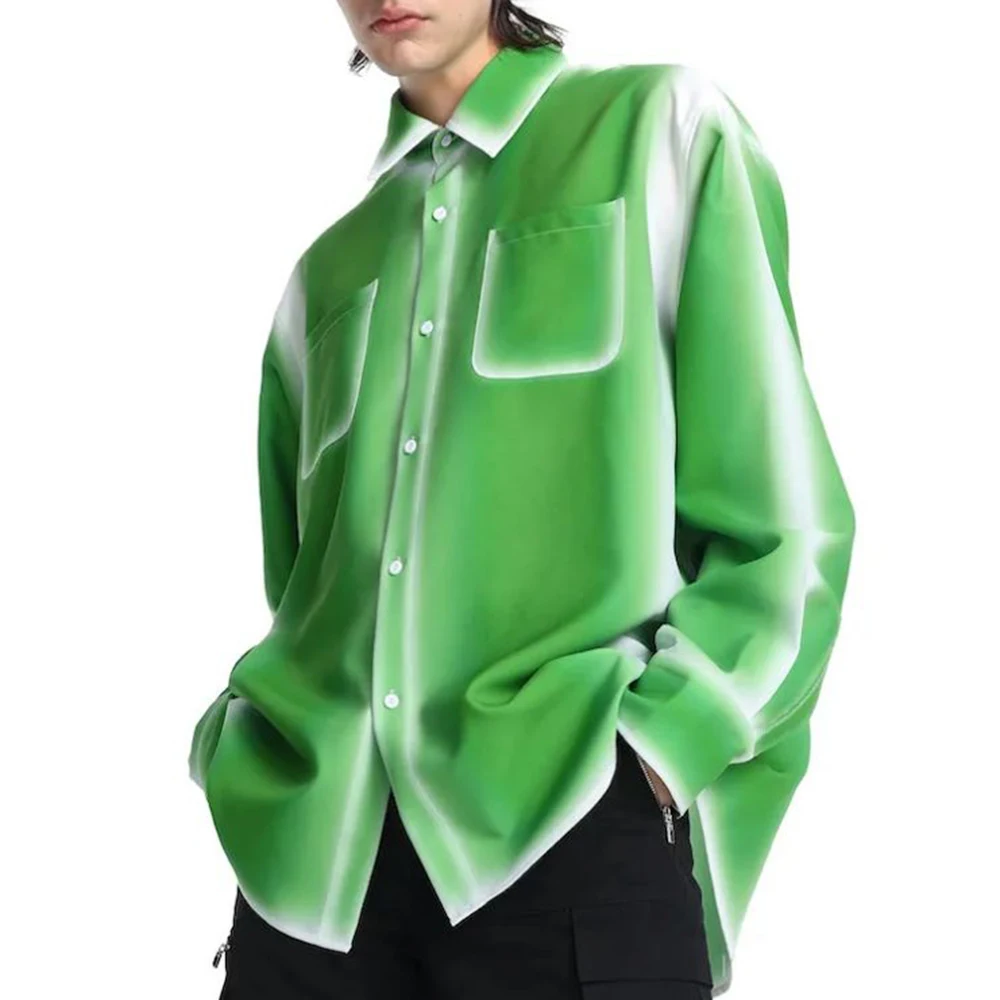 

Autumn Men's Shirt Loose Long Sleeve 2023 Turn-down Collar Contrast Color Casual Single Breasted Male Tops