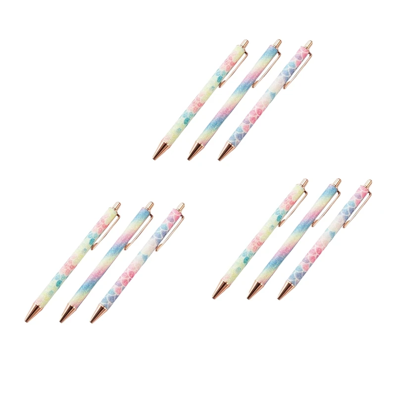

9 Pcs Ballpoint Pens Metal Retractable Pen Black Ink 1mm Medium Point Glitter Rose Gold Click Ball Pens Gifts