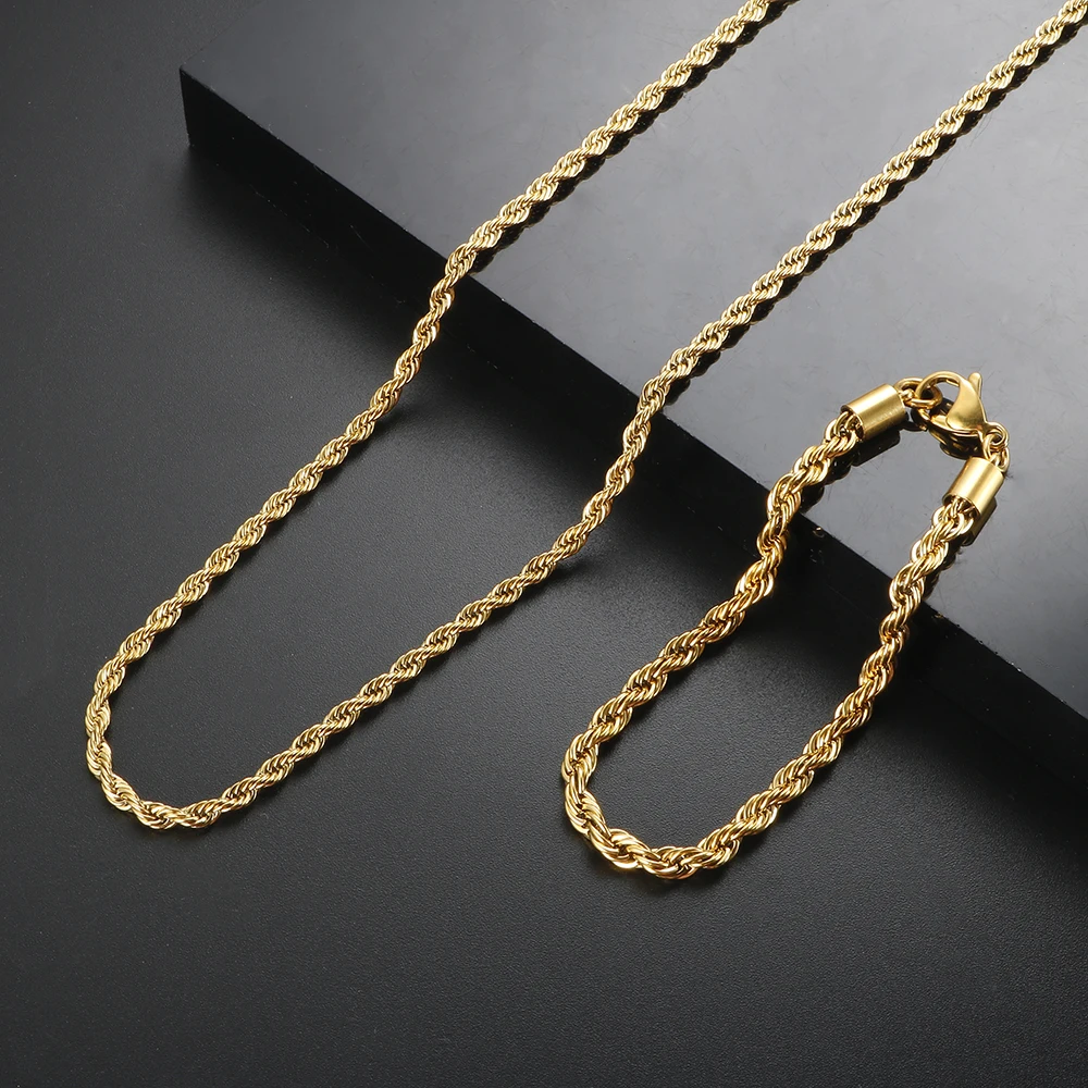 

Hot Sale Twist Chain 316L Stainless Steel Jewelry Set Twisted Rope Chian Bracelet Plated Gold Necklace For Men Women Wholesale