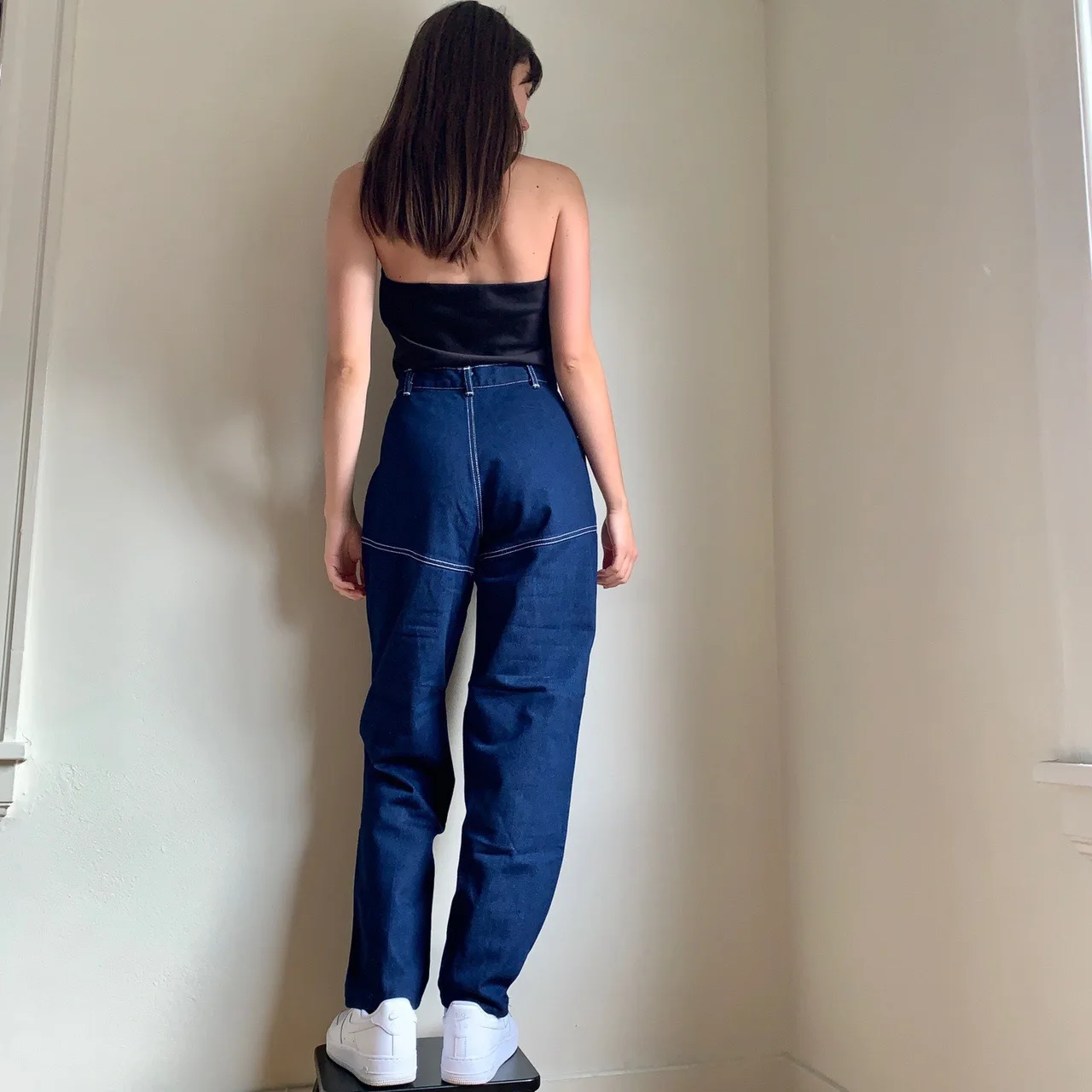 Street Fashion Contrast Colors Open-line High Waist Straight Pants Women Unique Pocket Design Patchwork Jeans Indie Denim Pants