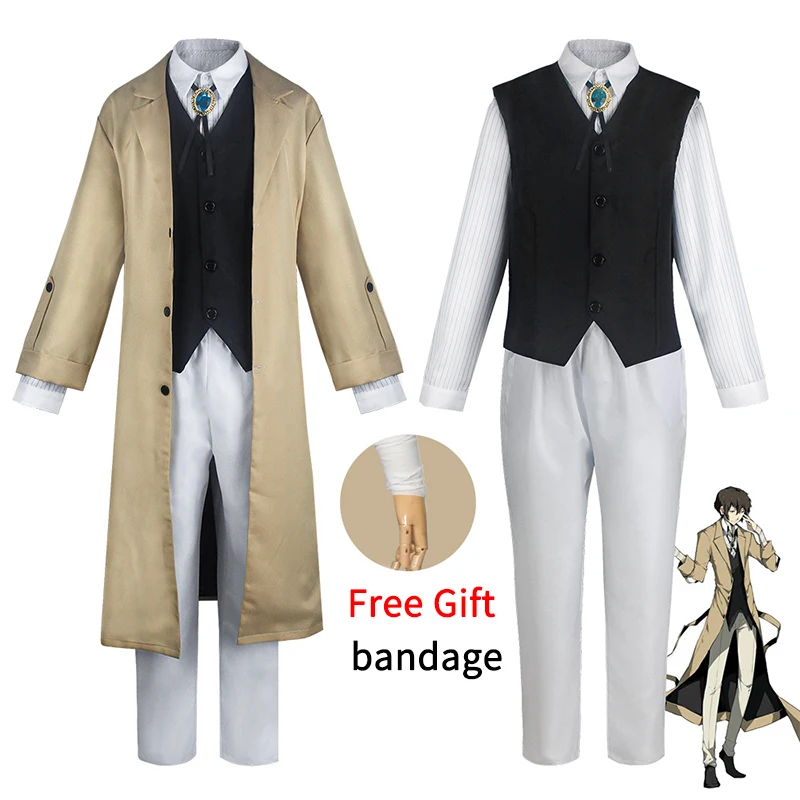 

Костюм для косплея дазай Осаму из аниме «бродячие псы», длинная куртка, пальто, костюмы, Униформа, искусственный парик на Хэллоуин